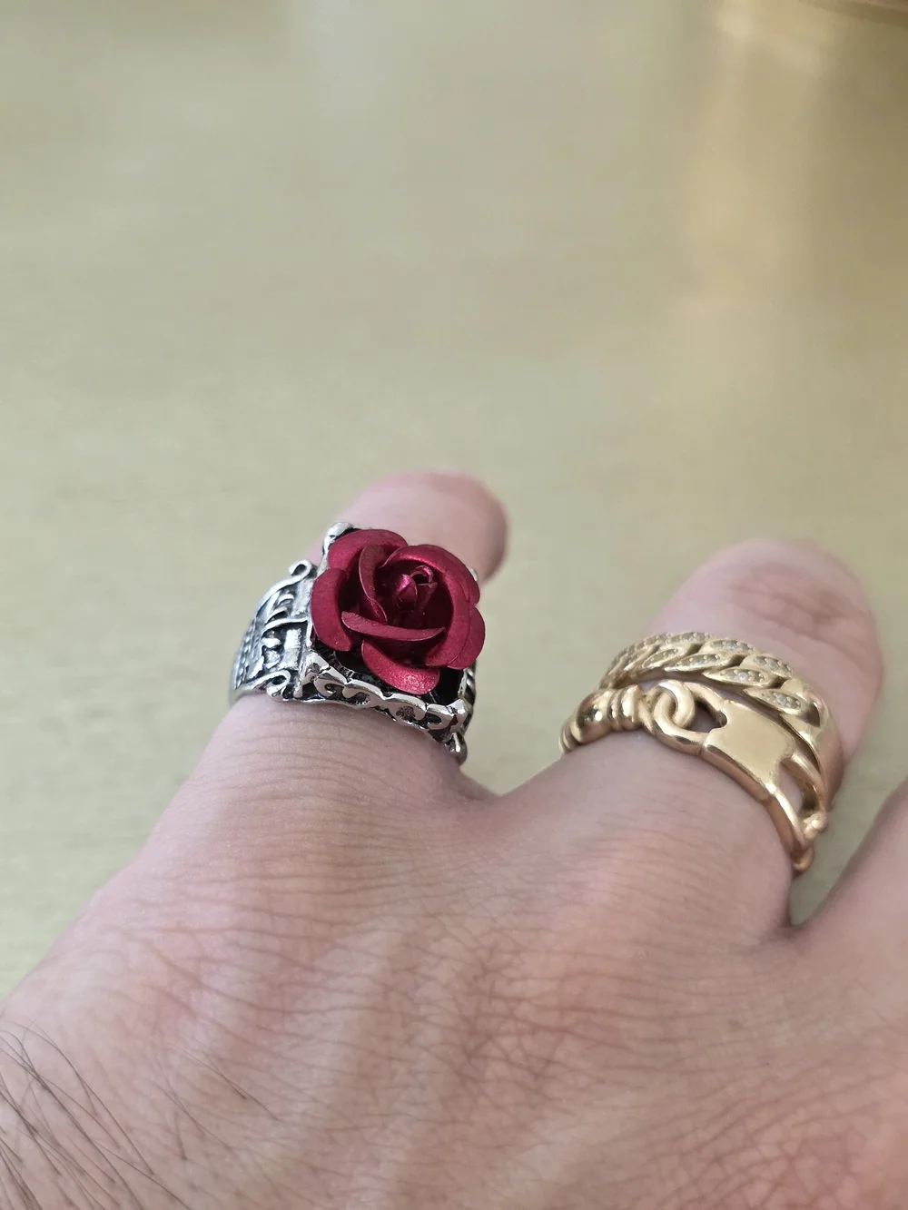 Silver Ring with Red Rose Accent